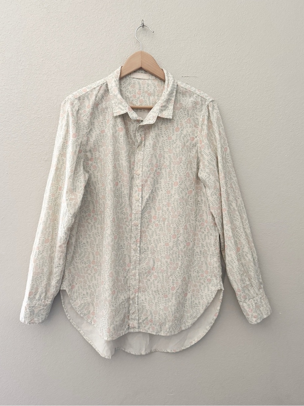 CP Shades Micro Corduroy Floral Button Up Shirt Med Cream Pink Cotton Cottage